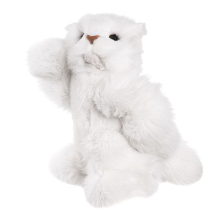 На фото огромная мягкая игрушка кот из натурального меха песца белый пушок Holich Toys в разных ракурса